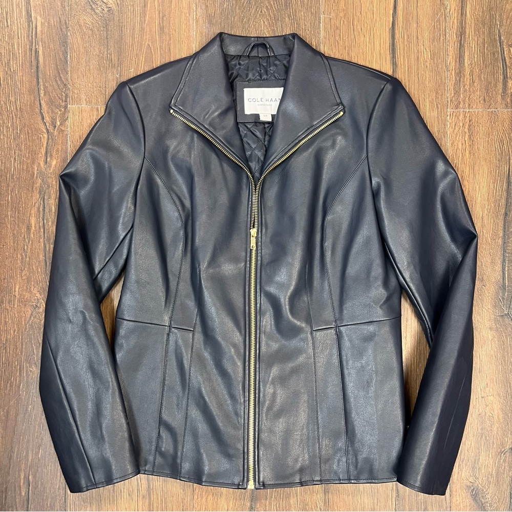 Cole Haan Dark Blue Wing Collar Leather Leather‎ Jacket SZ SM - Picture 2 of 9